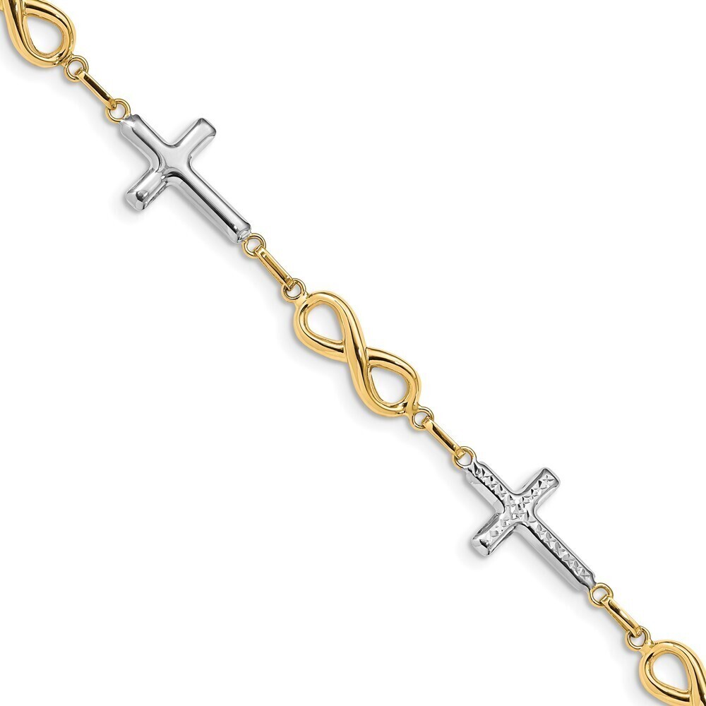 14k Yellow Gold w/ Rhodium Polished Cross Infinity Symbol Link Bracelet